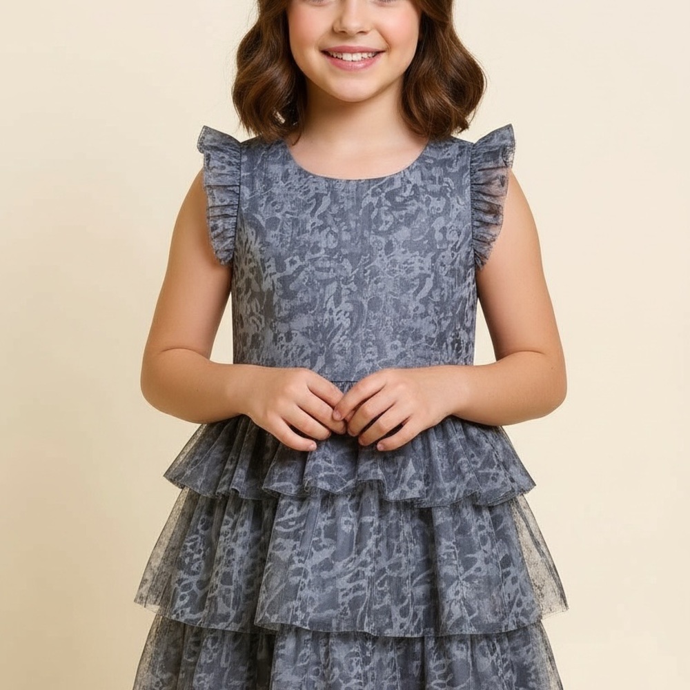 Charming Gray Ruffle Tiered Kids Dress